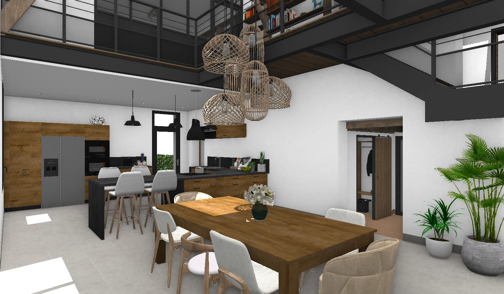 Séjour ouvert — rendu 3D
